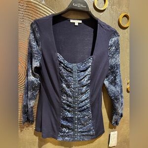 NWT Alberto Malaki Navy Blouse with Ruched Front size M